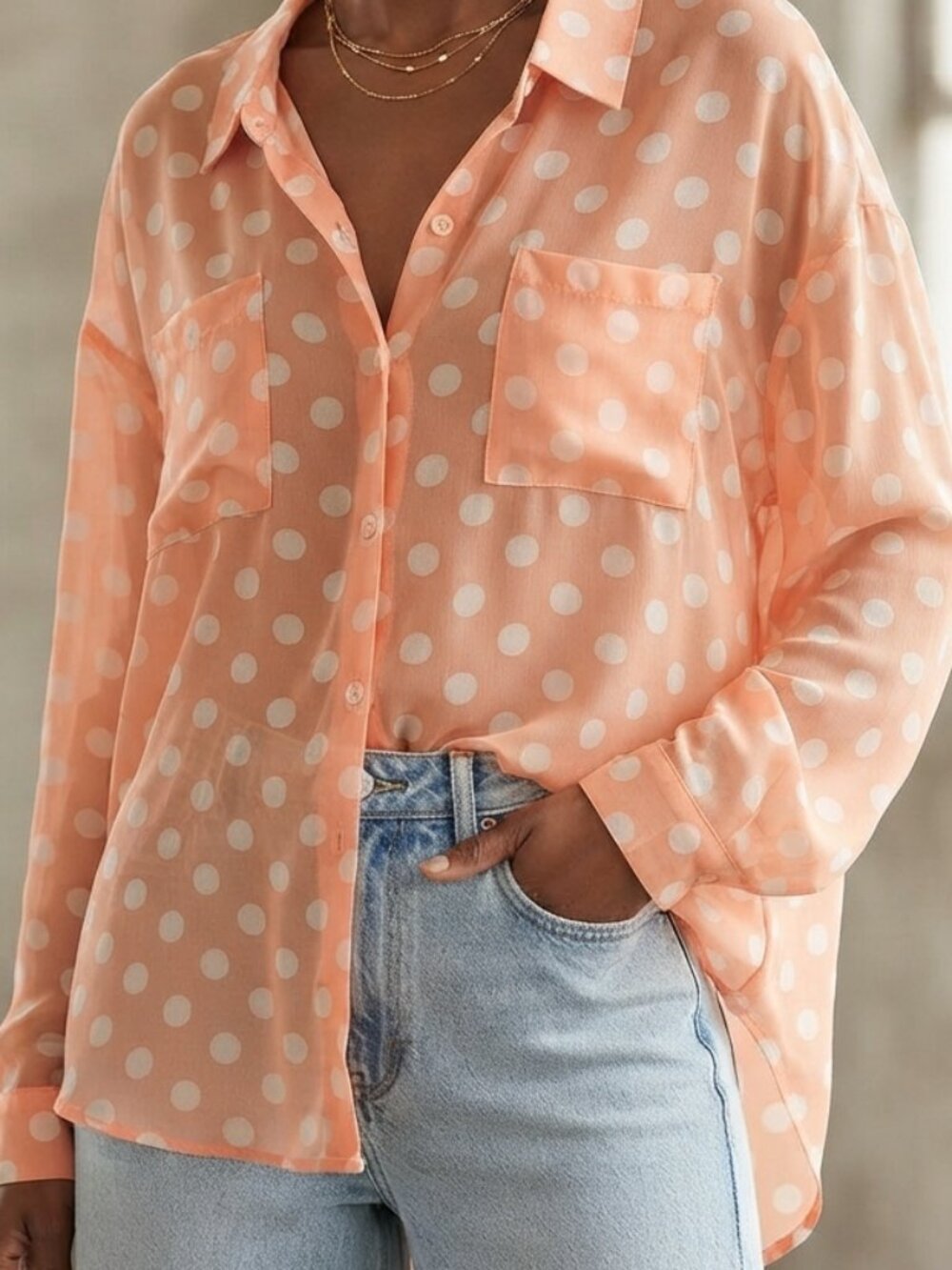 Free People Polka Dot Shirt Women's Large Sheer Button Down Long Sleeve